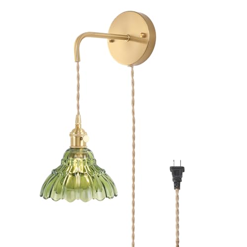 Image of Shenmoyl Vintage Wall Sconce with Green Lily of the Valley Glass Shade Hanging Wall Sconce with 4.9FT Plug in Cord, Modern Wall Lamp Fixtures Decor for Bedside Bedroom Indoor Doorway