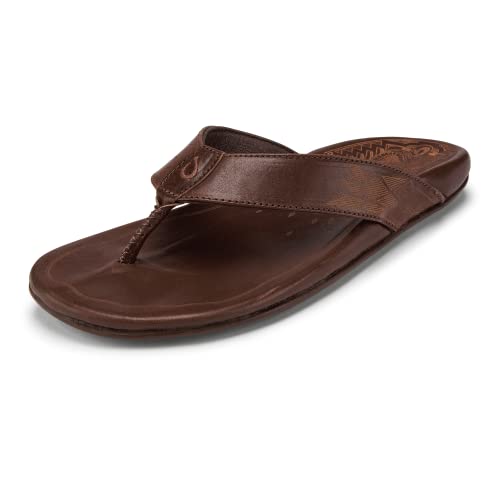 OLUKAI Kulia Men's Beach Sandals, Full-Grain Italian Leather Flip-Flop Slides, Compression Molded Footbed & Comfort Fit, Enhanced Grip Soles, Dark Wood/Dark Wood, 10
