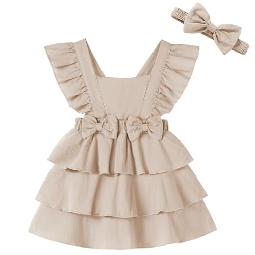 Newborn Baby Girl Summer Sundress Toddler Girls Ruffled Sleeves Dress Cotton Linen Dress with Headband for Little Kid