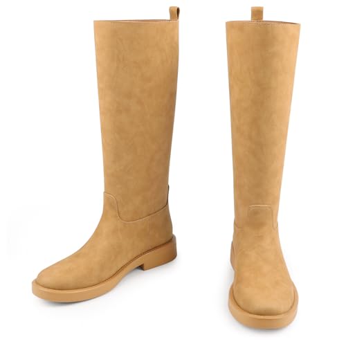 Image of JOY IN LOVE Knee High Boots for Women Low Chunky Block Heel Faux Leather Wide Calf Riding Tall Boots