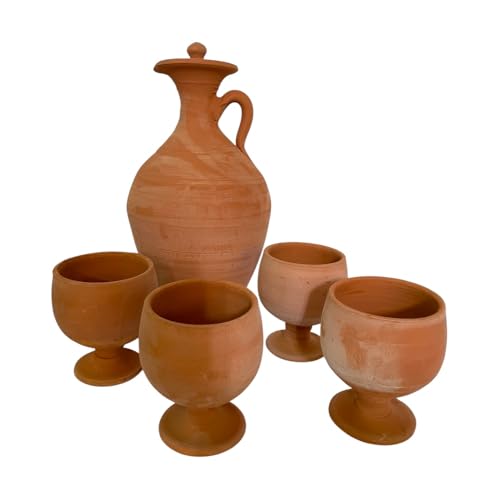 Set Berbero Marocchino in Terracotta, Brocca 2,5L con 4 Bicchieri, Fatto a Mano, Caraffa 31cm con Bicchieri 11cm