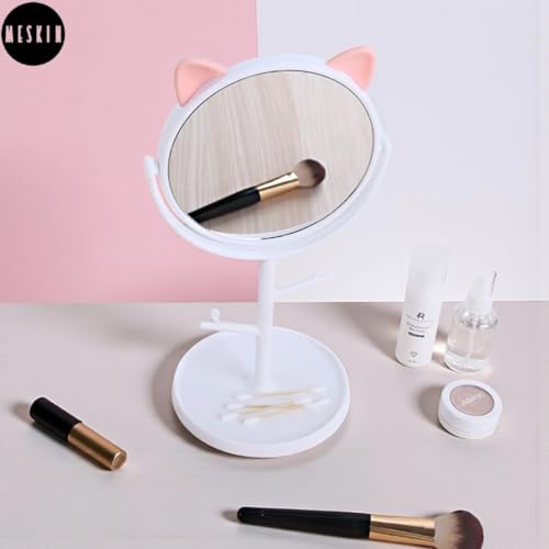 Image of MESKIN Cute Cat Ear Vanity Makeup Mirror with Storage Tray and Jewelry Holder Stand, 360 Desktop Swivel Dressing Table Mirror for Girls, Teens, Dorm Room, Bathroom Mirror (Pack of 1, White)