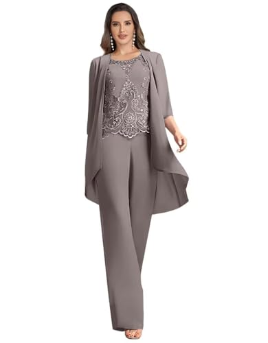 3 Pieces Mother of The Bride Pant Suits for Wedding Party Lace Chiffon Pant Suits Dressy for Women Evening