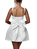 Smileven Women's Short Wedding Dresses Jacquard Satin Spaghetti Straps Bridal Dress Mini Modest Corset Backless Bridal Gowns with Bow White US6