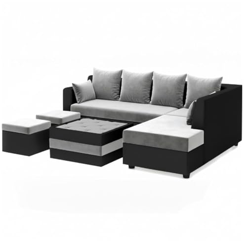 Image of CASASTYLE Stylify 8 Seater Fabric RHS L Shape Sofa Set with 1 Centre Table & 2 Ottoman (Light Grey-Black) 8 Person Seating with Premium Velvet Finish | Ideal for Living Room