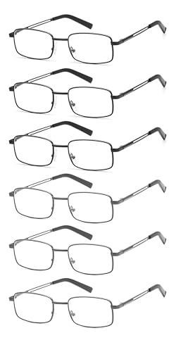 HIGHLIKE 6-Pack Reading Glasses Men, Women Metal Stainless Flex Readers with Soft Cases, Clear Lens Blue Light Glasses, 3 Black 3 Gunmetal 1.25 x