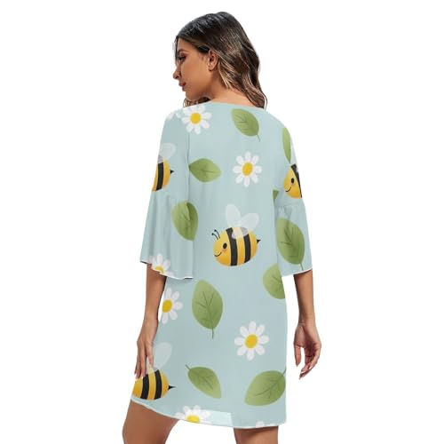 Robe décontractée rayée fluide imprimé fleurs abeilles manches 3/4 col rond