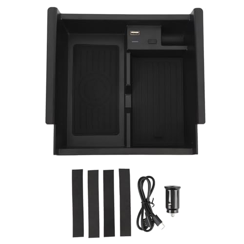 15W Wireless Car Charger and Automotive Center Console Organizer, Fast Charging Pad with Cigar Lighter for Smartphones, Quick Power Station and Interior Storage Solution for