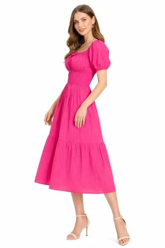Image of BOOSTY Women's Puff Sleeve Smocked Midi Dress, Square Neck A-Line Dress