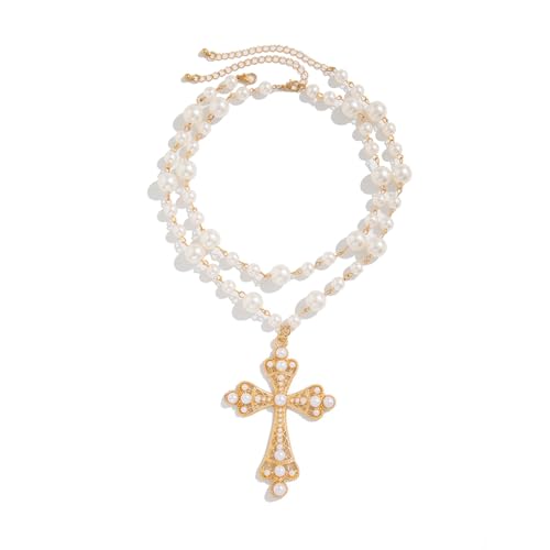 Pearl Cross Big Necklace for Women Gothic Gold Chunky Long Cross Pendant Necklaces Pearl Beads Chain Large Crucifix Dangle Punk Party for Women
