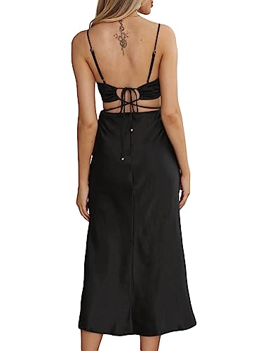 Image of Women Satin Cutout Slip Backless Maxi Dress V Neck Spaghetti Strap Bust Ruched Back Tie Strap Midi Dress for Wedding Guest Black