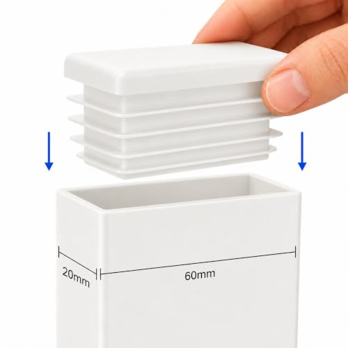 Image of (Pack of 10) Rectangular Plastic Plugs 25 /32 inch x 2-3 /8 inch (20 x 60 mm), Matt Tube Inserts, Fence Post Caps, Pure White RAL 9010