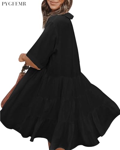 Image of PYGFEMR Women's Short Sleeve Babydoll Dress Button Down Dresses with Pockets