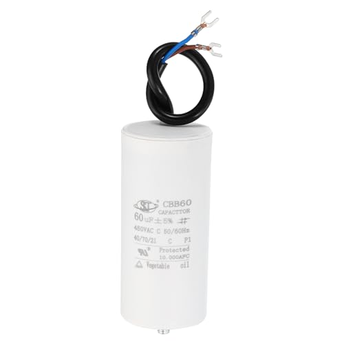 YOKIVE Condensador CBB60 De 60uF, Condensador De Marcha Con 2 Tornillos Para Cables, 450V CA Para Arranque De Motores, Ideal Para Compresores De Aire, Bombas (Blanco, 111x51mm)