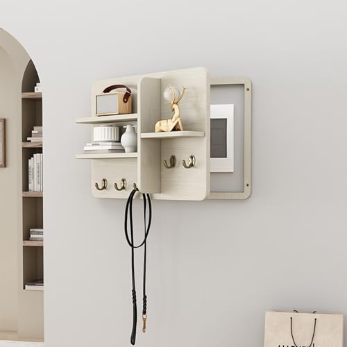 Fuse Box Cover Cabinet, Wall Mounted Fuse Box Cover Cabinet, Wooden with Shelf &amp; Hooks, for Living Room Home Office(Beige-a,60 * 40cm/23.6 * 15.7in)