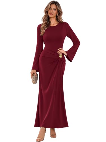 Sipaya Red Maxi Bodycon Dresses for Women Wedding Guest Formal Business Casual Long Sleeve Cocktail Outfits Midi Fall Fashion Winter Clothing Funeral L - image 2