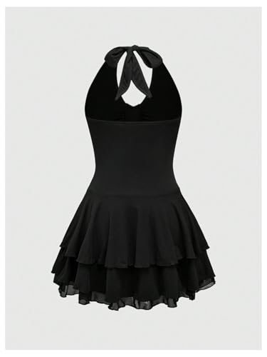 Milumia Women's Punk Tie Backless Halter Dress Y2k Ruched Layered Ruffle Hem Mini Dresses2