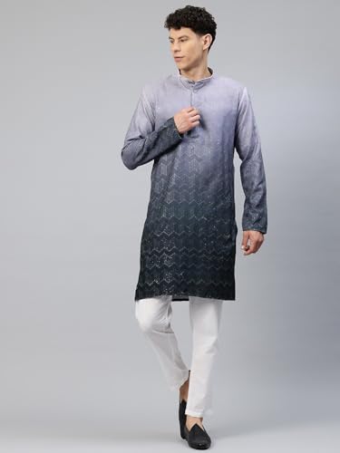 Image of Luxrio Men's Ombre Shaded Sequence Self Embroidered Textured Long Kurta Full Sleeves - Casual Ethnic Wear