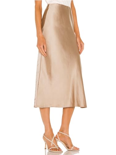 Skrtimory Womens Satin Silk High Waist Slit Midi Skirt Elastic Waistband Midi Skirts For Women Champagne thumb #1