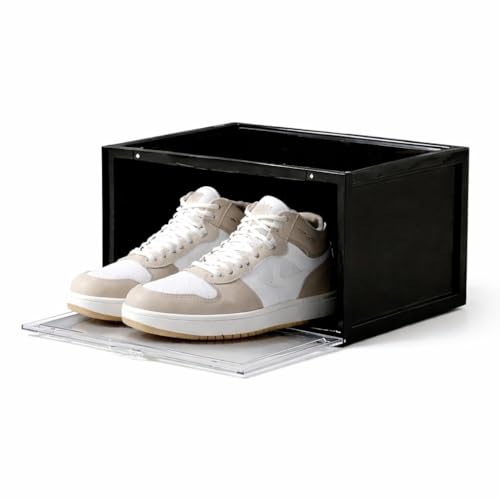 Image of Sneaker Storage Box Transparent Stackable Shoe Organizer Case with Magnetic Drop Front Door for Footwear Display and Storage (1, Black)