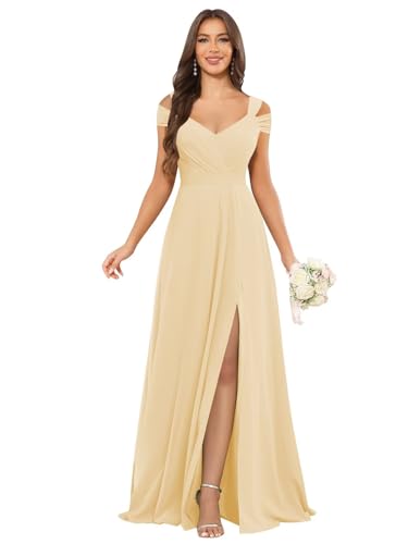 Image of petyoo Off Shoulder Chiffon Bridesmaid Dresses with Slit Long Formal Evening Dress
