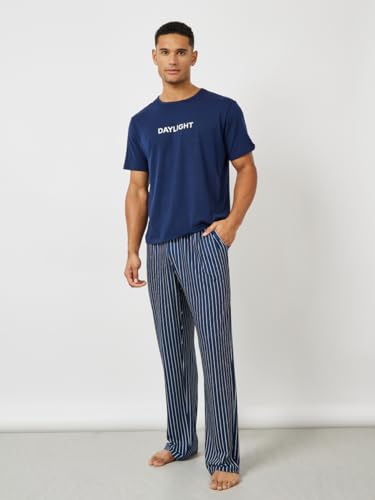 Styli Men 7006825422 Slogan Print T-Shirt & Striped Pyjama Set XL Blue
