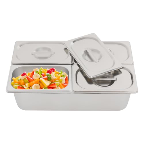 Fifizoo Countertop Food Serving Display Container, 4 Pan Stainless Steel Food Serving Tray with Acrylic Replaceable Lids and Water-filtering Gaskets, Buffet Condiment Dispenser Display Rack