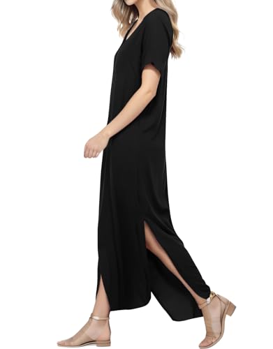 Image of Match Women's V-Neck Casual Loose Short Sleeve Long T-Shirt Dress Split Maxi Dress with Side Pocket