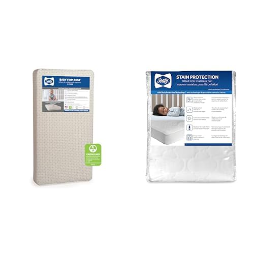 Bundle of Sealy Baby Firm Rest Antibacterial 2-Stage Dual Firmness Waterproof Baby Crib Mattress & Toddler Bed Mattress+ Sealy Baby Stain Protection Waterproof Fitted Crib Mattress Pad