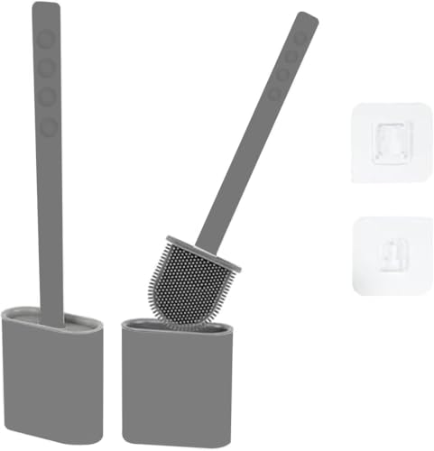 Image of Silicone Toilet Brush with Holder Set Pack of 2 - Flat Flexible Head Under-Rim Clean Where Others Miss, Non-Stick Easy Rinse, Drip-Free Holder, Wall Mounted Toilet Brush White or Loo Brush
