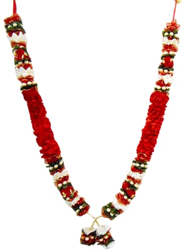 Craftsofindia® Red and White Large Reusable Satin Ribbon Floral Garland Haar Mala for God Idol, Photo Frame Decorated with Motifs