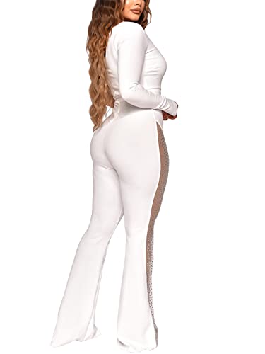 Annystore Women's One Shoulder Jumpsuits Long Sleeve Rhinestone Sheer Mesh Bodycon Wide Leg One Piece Outfits Romper Party Clubwear White Xl #TOP1