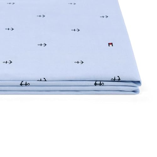 Image of Tommy Hilfiger - King Size Sheet Set, Soft Cotton Percale Bedding with Crisp Cooling Comfort, Deep Pocket Fitted Sheet with Matching Pillowcases, Americana Decor (Nautical Anchor Light Blue)
