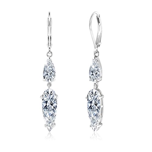 ALEXCRAFT Sterling Silver Long Teardrop Dangle Earrings for Women Hypoallergenic Cubic Zirconia Drop Leverback Earrings Trendy CZ 2-Stone Long Crystal Teardrop Dangle Earings for Jewelry Gifts