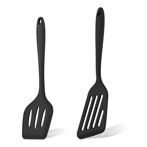 Herogo Silicone Spatula 2-Piece Slotted Fish Turner Spatula Set for Cooking Heat Resistant Kitchen Utensils for Flipping Egg Pancakes Burgers Non-Toxic and Non-Stick Dishwasher Safe - Black