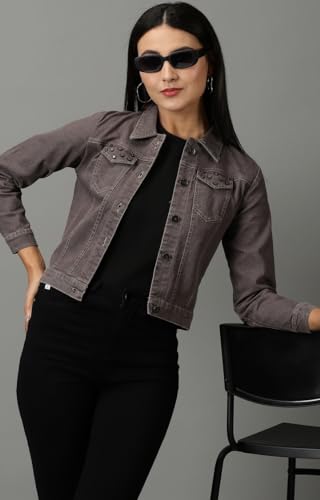 Image of SHOWOFFFF Women Solid Denim Jacket | Spread Collar Full Sleeves Denim Jacket for Womens | Regular Fit Regular Length Jacket for Women's