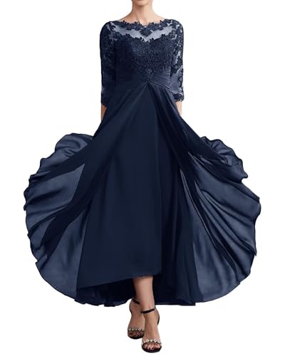 Image of GDJDIFK Lace Applique Chiffon Mother of The Bride Dresses - 3 /4 Sleeves Tea Length Ruched Waist Formal Gown for Wedding Guest Mauve