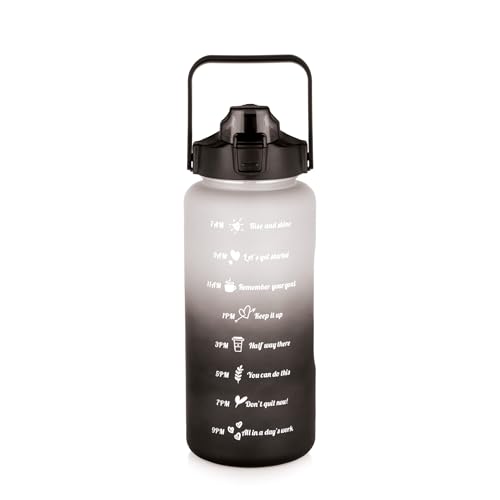 Image of ATTRO Motivational 2 Liter Quotes & Time Marker Dual Colour Sports Bottle With Easy to Carry Handle & Straw BPA Free, Leak Proof for Gym, Office, Workout- Black Grey, Plastic