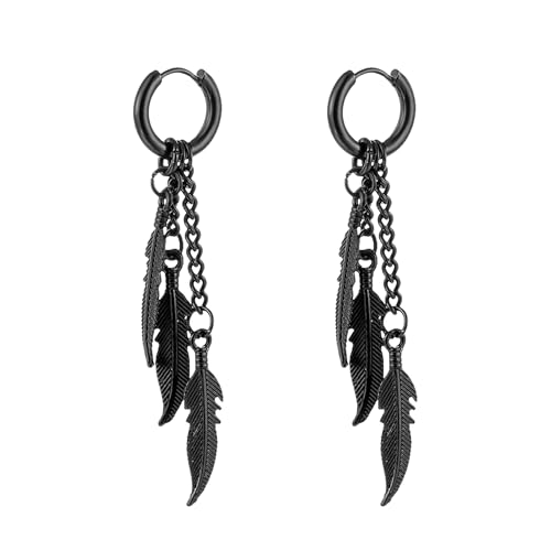 Stainless Steel Punk Drop Dangle Hinged Earrings Feather Gothic Mens Earring Black Huggie Hoop Earrings for Men and Women Wearing Jewelry