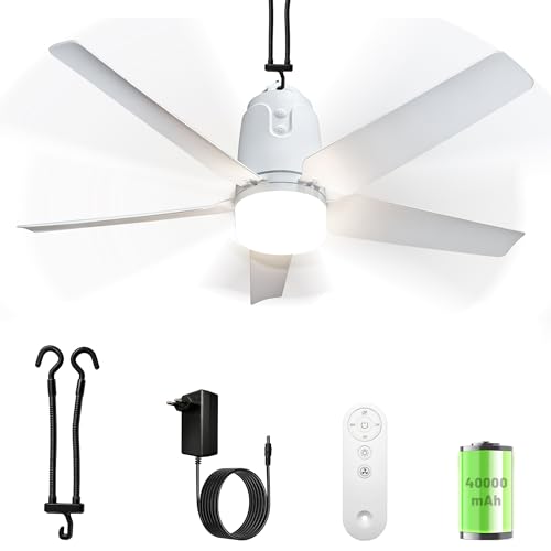 80CM Ventilador De Techo Con Luz Portátil Para Exteriores, 40000mAh Gran Capacidad De Batería, Dimmable 3000K-6000K, Con Control Remoto Y Gancho, Camping, Pérgola, Terraza, Autocaravana (80CM)