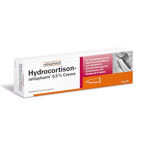 Hydrocortison-ratiopharm® 0,5% Creme bei allergischen und entzündlichen Hautirritationen, Juckreiz, sonnenbeanspruchter Haut und Insektenstichen. 30 g Creme