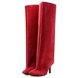 VOZTOLLS Knee High Boots Women Square Toe Kitten Heel Tall Boots Suede Wide Calf Pull-on Comfortable Fashion Dress Heeled Long Boots Red Size 6