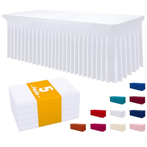 Image of Smiry 5 Pack Spandex Elastic Fitted Table Cloth Skirt for 6FT Table | Stretch Washable Table Cloth, Banquet Table Cover for Wedding, Party, Indoor & Trade Shows, (White, 72Lx30Wx30H)