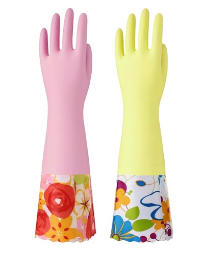 Bamllum 2 Pairs Rubber Cleaning Gloves Household Kitchen Dishwashing Gloves with Cotton Flocked Liner Long Cuff 16 Inches (Yellow+Pink XL)