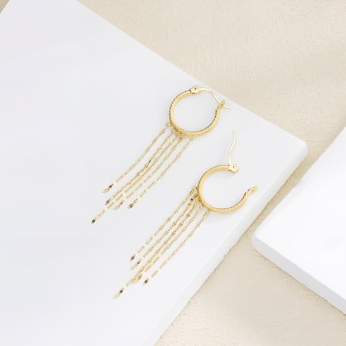 14k Gold Diamond-cut Hoop Tassel Earrings for Women, Real 14 Karat Gold Dangle Earrings for Her4