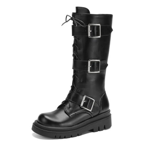 Image of FOREADA Goth Boots Chunky Heel Boot For Women Ankle Combat Booties Black Platform Bootie Buckle Rivets Punk Goth Shoes With Zipper