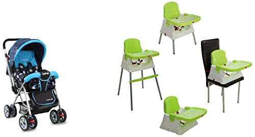 Image of Luvlap Sunshine Stroller /Pram, Easy Fold, for Newborn Baby /Kids, 0-3 Years (Sky Blue) & 4 in 1 Convertible High Chair Cum Booster Seat (Green)