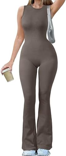 OQQ Women Yoga Jumpsuits Ribbed Crew Neck Sleeveless Bell Bottoms Flare Jumpsuits Tea leaf