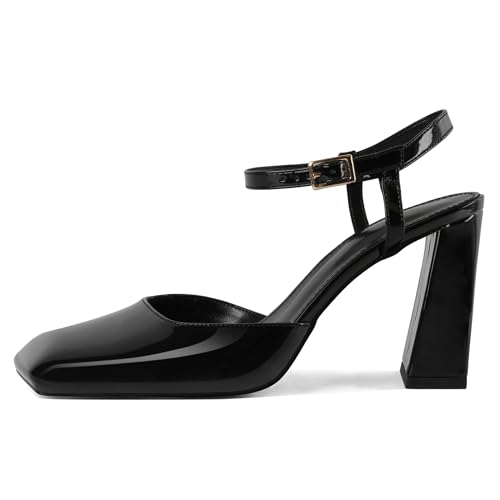 Zamikoo Womens Ankle Strap Square Toe Chunky Heel Pumps Shoes Dressy 3.5 Inches