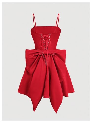 Image of WDIRARA Women's Satin Bow Homecoming Dresses Spaghetti Strap Wedding Guest Gown Summer Mini Dress